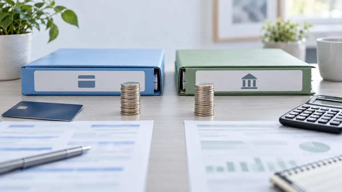 Balance transfer and debt consolidation comparison with folders, coins, and calculator