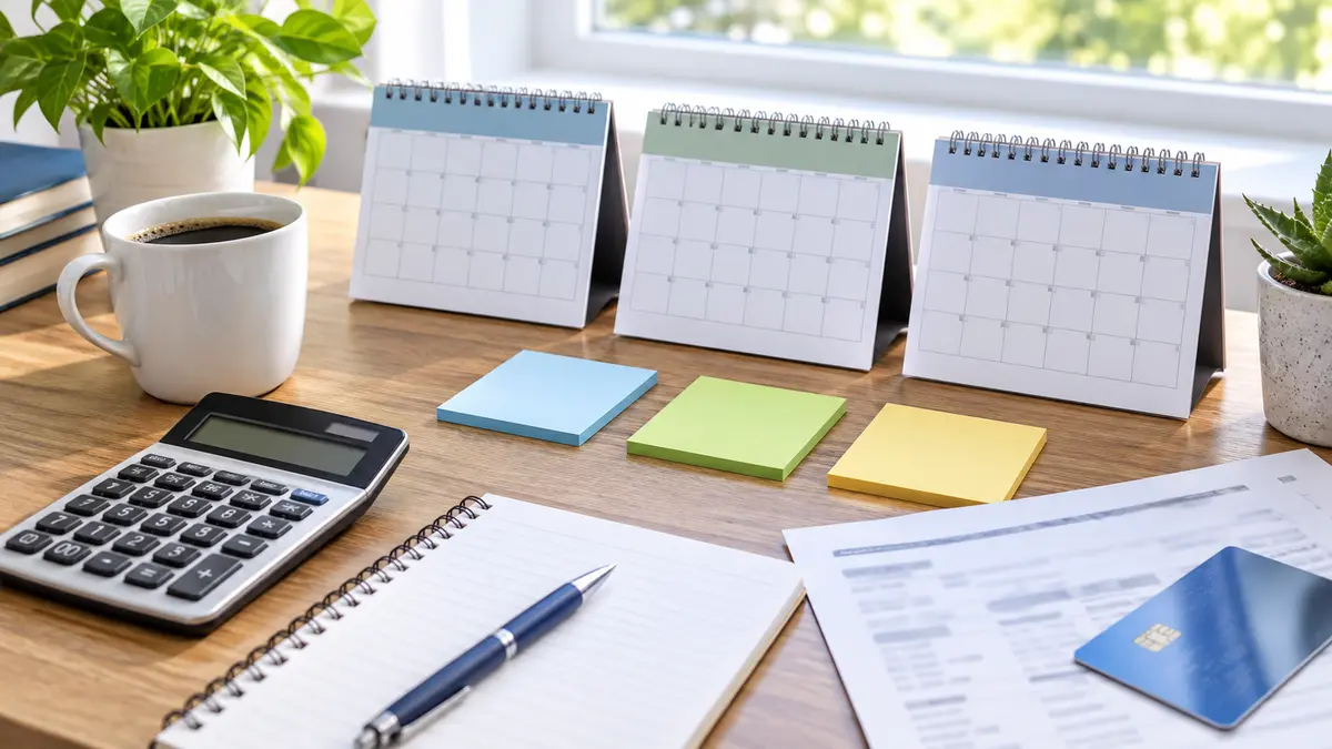 Credit card payoff planning desk with calendars, calculator, and payment notes